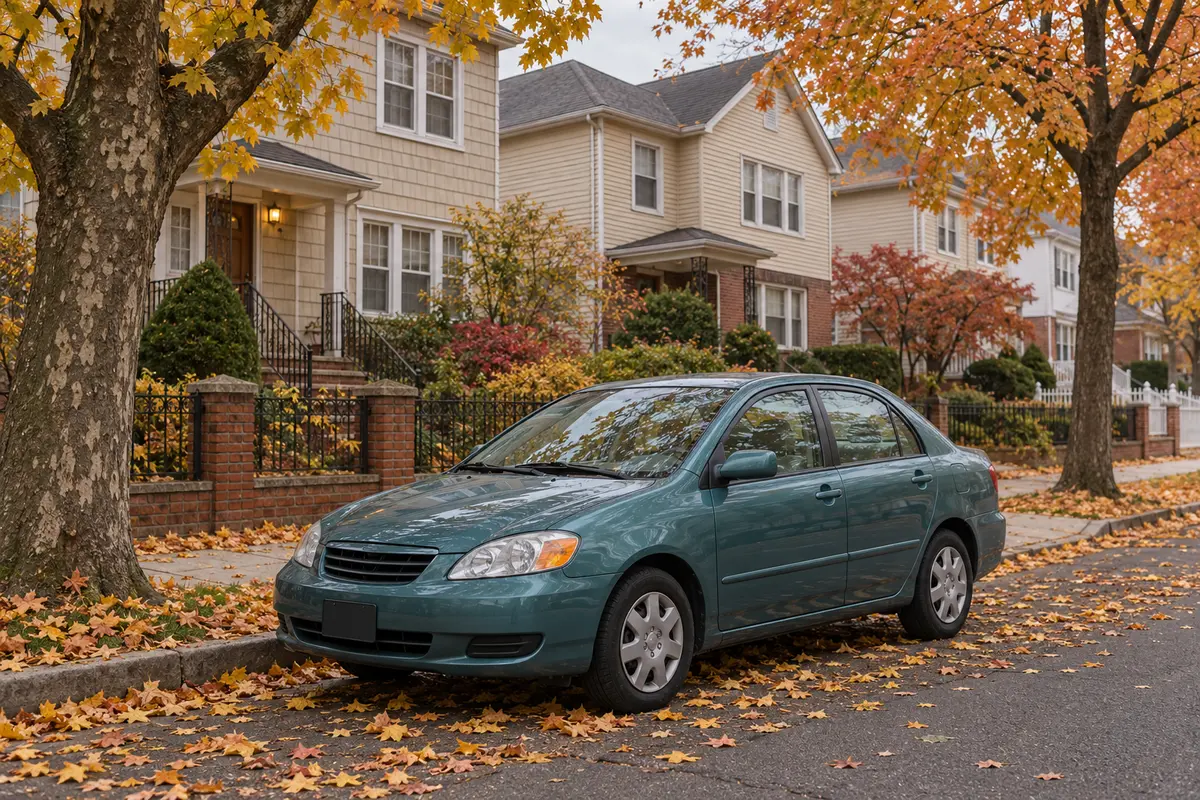 Compact car parked on a quiet tree-lined street in Queens in autumn